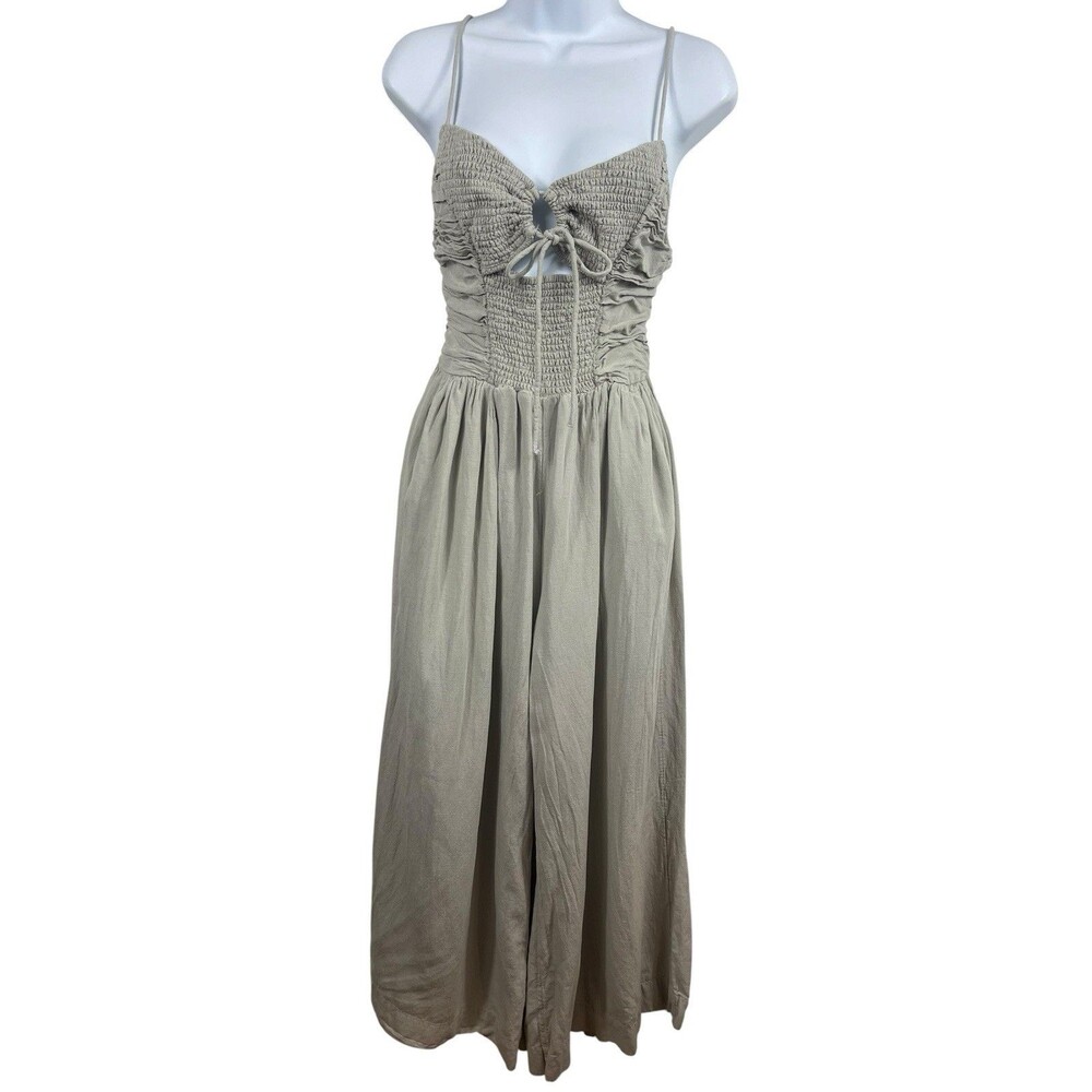 Free People Smocked Wide Leg Jumpsuit XS Sage Green Tie Front Linen Distressed